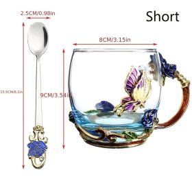 1pc Rose Enamel Crystal Tea Cup; Coffee Mug; Tumbler Butterfly Rose Painted Flower Water Cups; Clear Glass With Spoon Set (Color: Blue, size: )