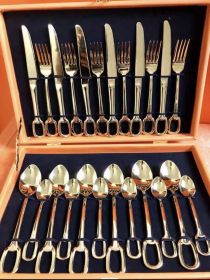 24-piece Handle Hanging Hole Knife Fork And Spoon (Option: Golden 24 Piece Box)